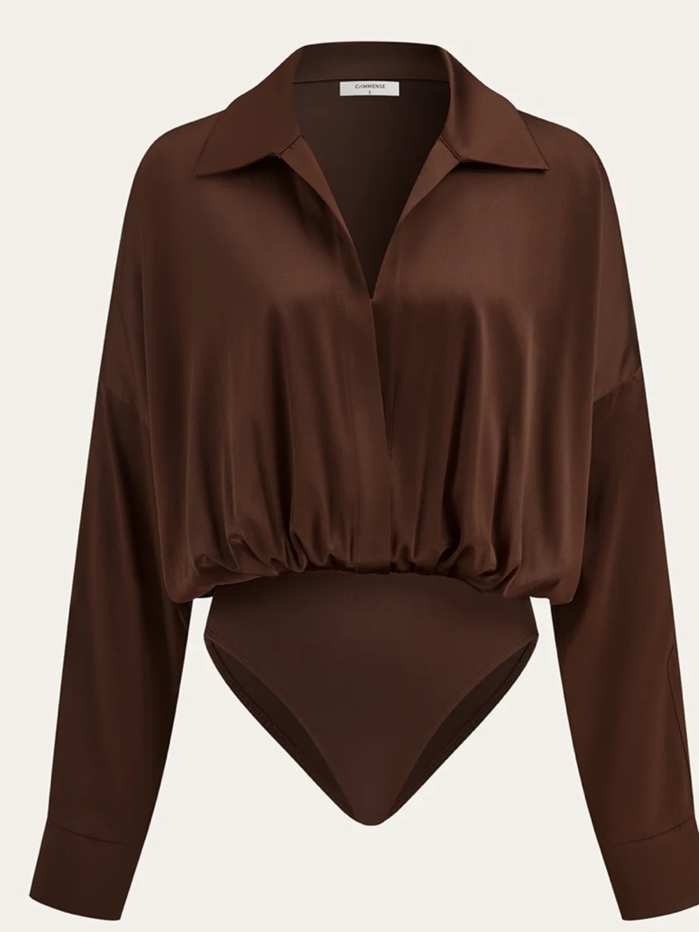 Satin Collared Long Sleeve Bodysuit - Dark Brown
